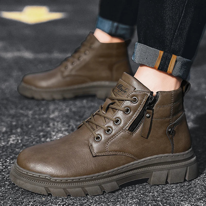 Men's Retro Work Ankle Boots - Casual Leather Boots with Thick Sole