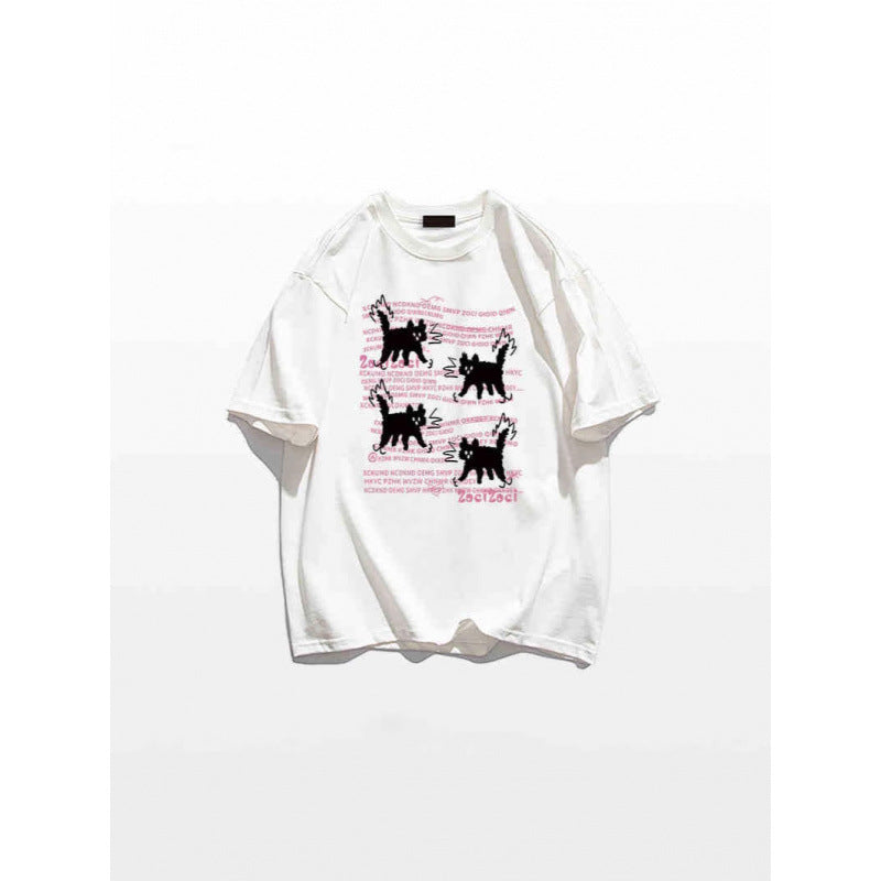 Cat Pattern Round Neck T-shirt — Harajuku Street Style Unisex Loose Fit