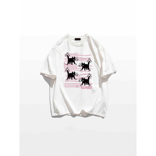 Cat Pattern Round Neck T-shirt — Harajuku Street Style Unisex Loose Fit