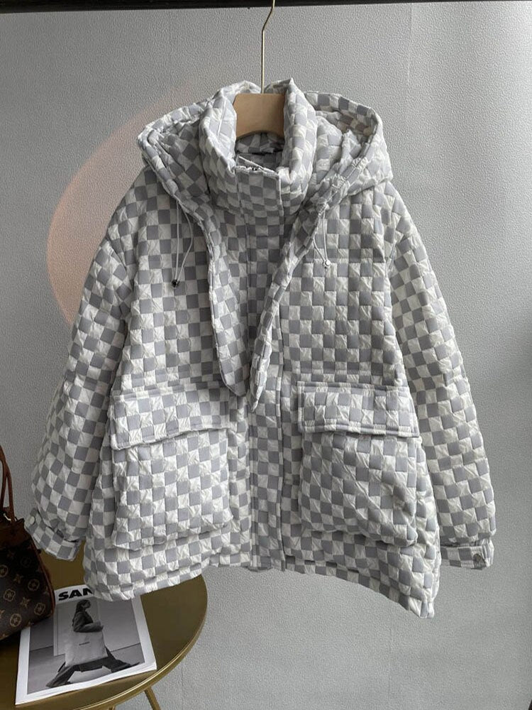 Korean Plaid Down Jacket for Women - Stylish Winter Puffer