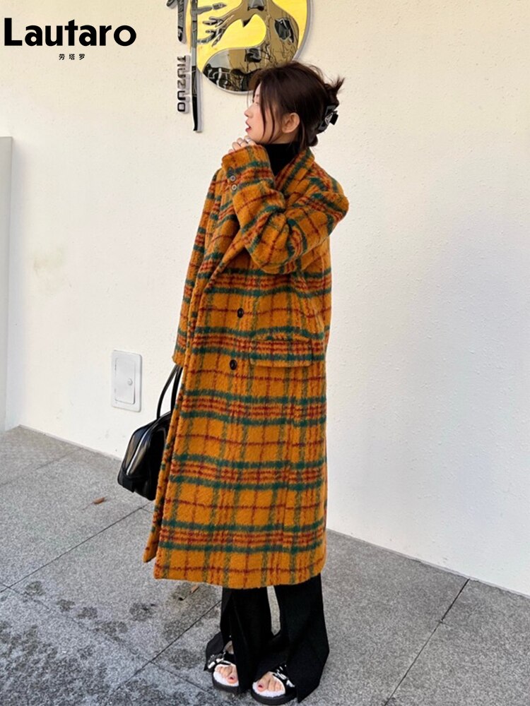 Playful Retro Colorful Plaid Woolen Trench Coat for Women