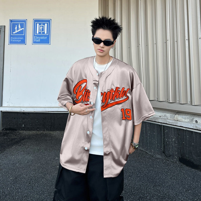 Satin Baseball Short Sleeved Printed Shirt