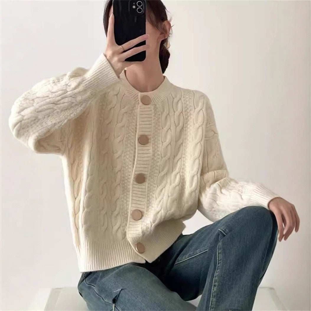 Gentle Style Short Knitted Cardigan with Cable Knit Pattern for Women – Loose Soft Round Neck Sweater Coat