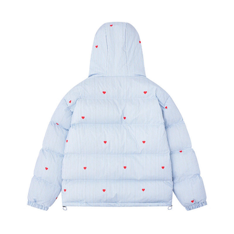 Milk Blue Bread Coat Stripe All-Over Heart Print Stand Collar Hooded Cotton Coat