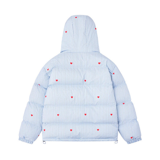 Milk Blue Bread Coat Stripe All-Over Heart Print Stand Collar Hooded Cotton Coat