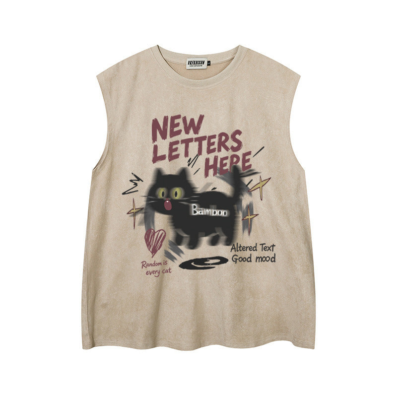 Shocking Black Cat Printed Tank Top — Harajuku Style Retro Loose-Fit Tank (Black, Pink, Apricot, Green)