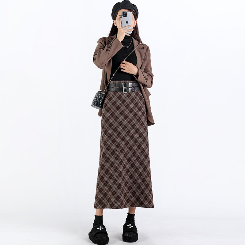 Women's College Style High Waist Plaid Slit A-Line Midi Skirt - Loose Elastic Slim Fit Pencil Skirt