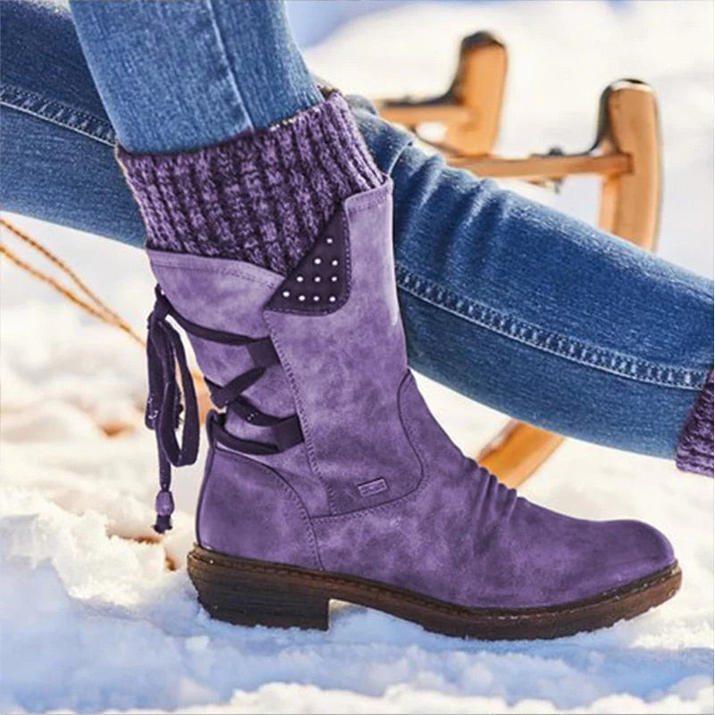 Women's Mid-Calf Boots - Flocked Snow Boots in Suede for Warm Comfort