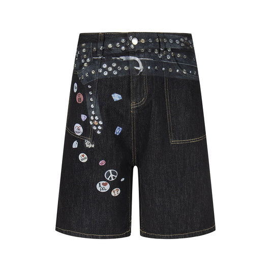 Harajuku Style Denim Rivet Design Shorts for Men