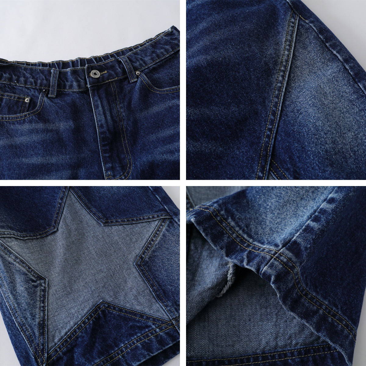 Street Washed Retro Design Star Patchwork Denim Pants