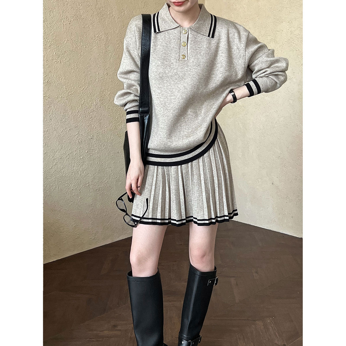 Playful Polo Collar Hoodie & Pleated Skirt Set