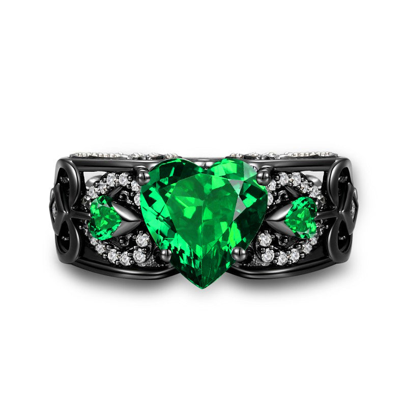 Retro May Birthstone Green Heart Ring in Black Gold
