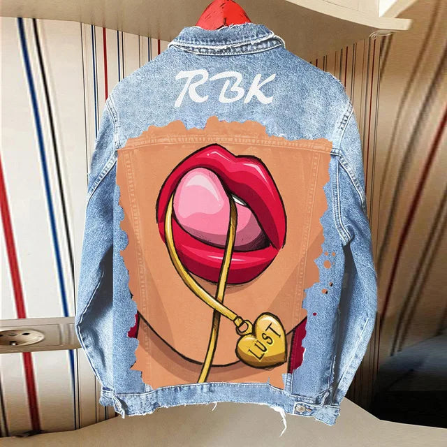 Playful Tongue-Out Print Denim Jacket