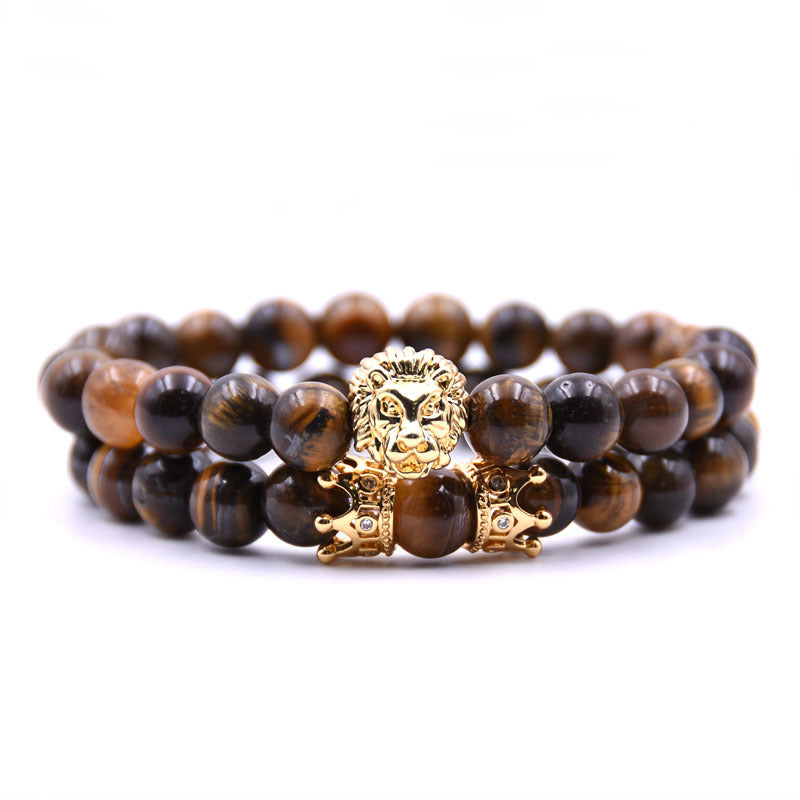 King Lion Couple Bracelet with Natural Stone Beads