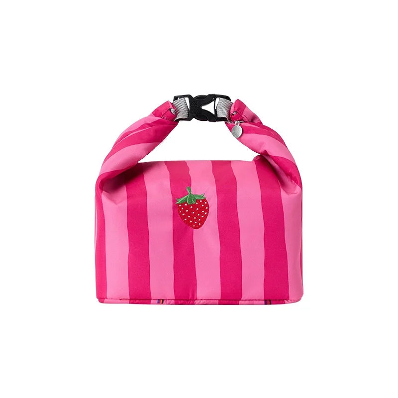 Pink Striped Strawberry Cat Insulated Lunch Bag