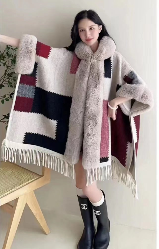 Poncho with Fleece Lining - Thick Knitted Hooded Shawl Featuring Fur Collar and Tassels