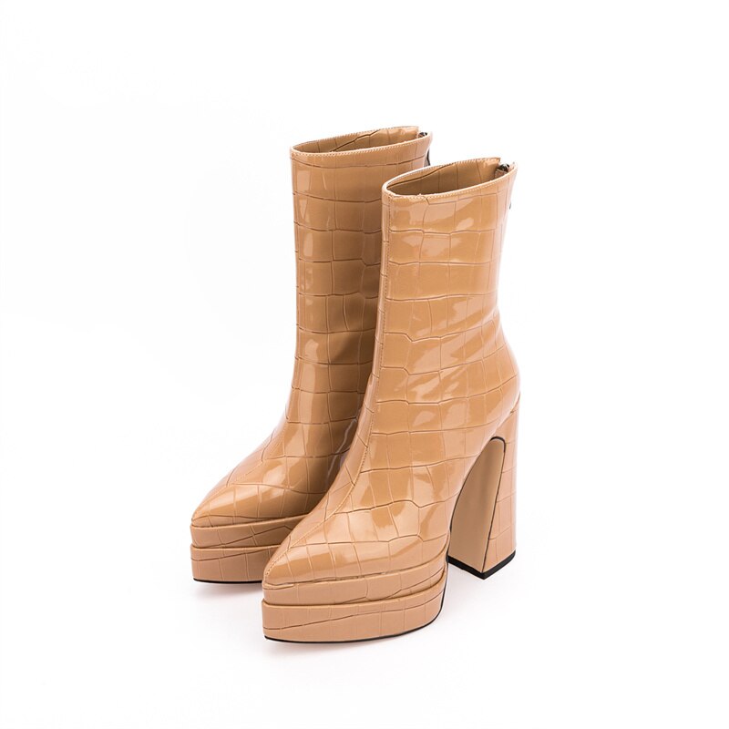 Women's Stone Pattern Thick High-Heeled Ankle Boots with Thick Soles