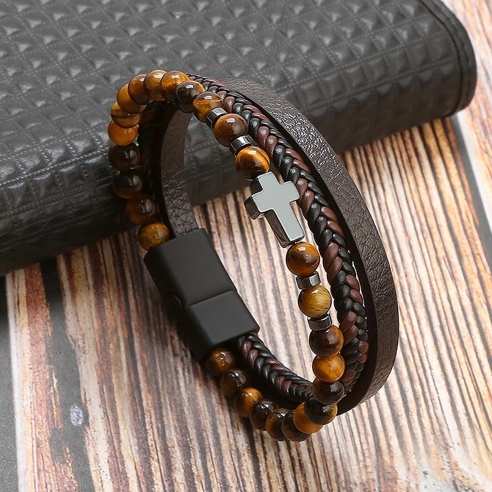 Men's Tiger Eye Stone Cross Bracelet - Harajuku Style