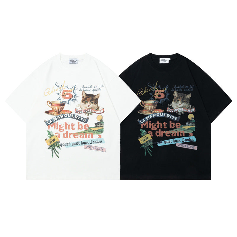 Unique Fun Cat Print Casual Loose Fit Short Sleeve T-Shirt for Men Summer Wear