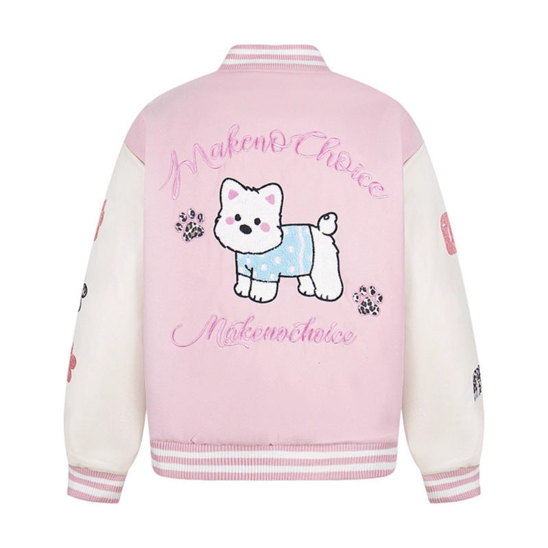 Patchwork Dog Cotton-Filled Baseball Jacket Loose Fit Unisex Outerwear