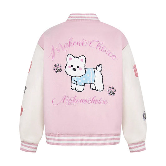 Patchwork Dog Cotton-Filled Baseball Jacket Loose Fit Unisex Outerwear