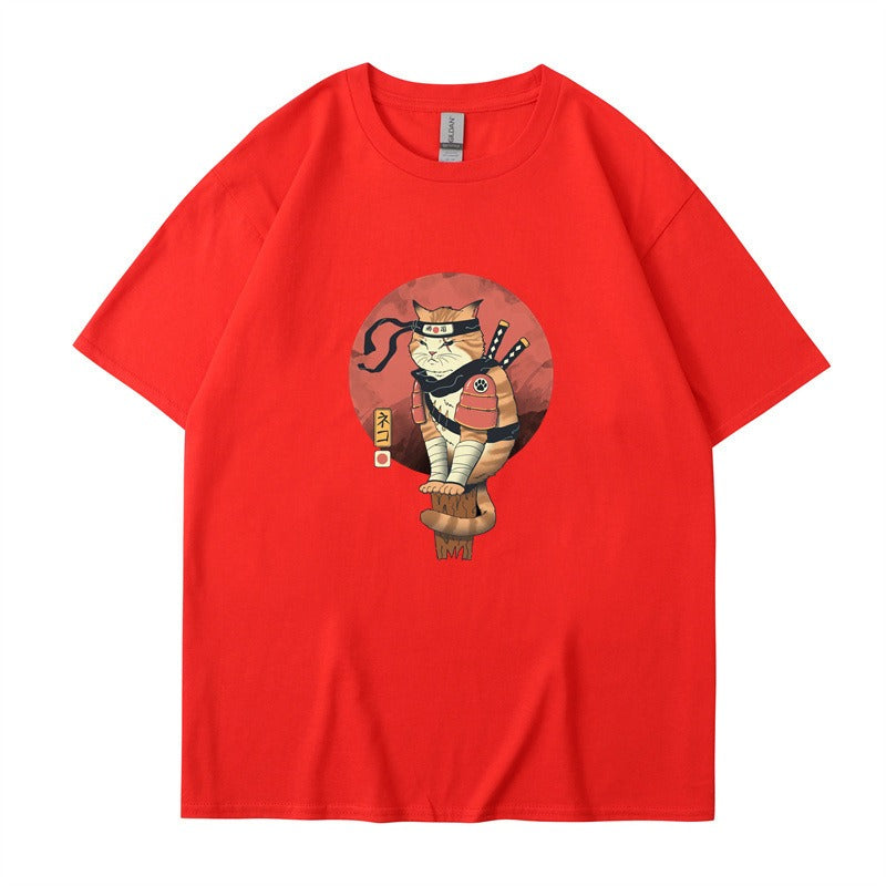 Ninja Cat Print T-Shirt - Short Sleeved Round Neck