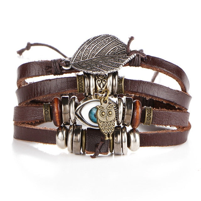 2 pcs Tibetan Stone Feather Multilayer Leather Bracelet Set