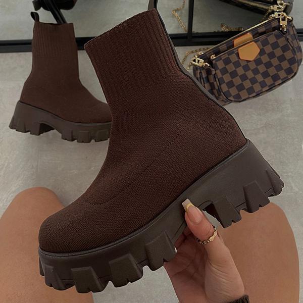 Thick-Soled Casual Couple Shoes for Women – Large Size Short Boots in Knitted Design