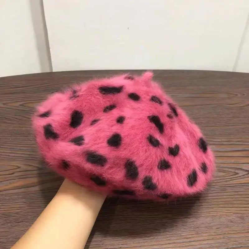 Elegant Rabbit Fur Spotted Leopard Beret for Women