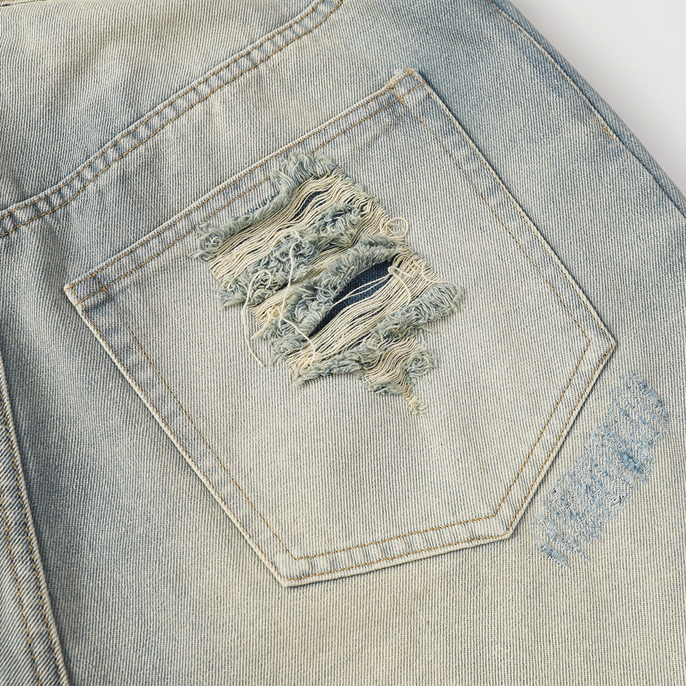 Heavy Distressed Denim Shorts for Men's Harajuku Style