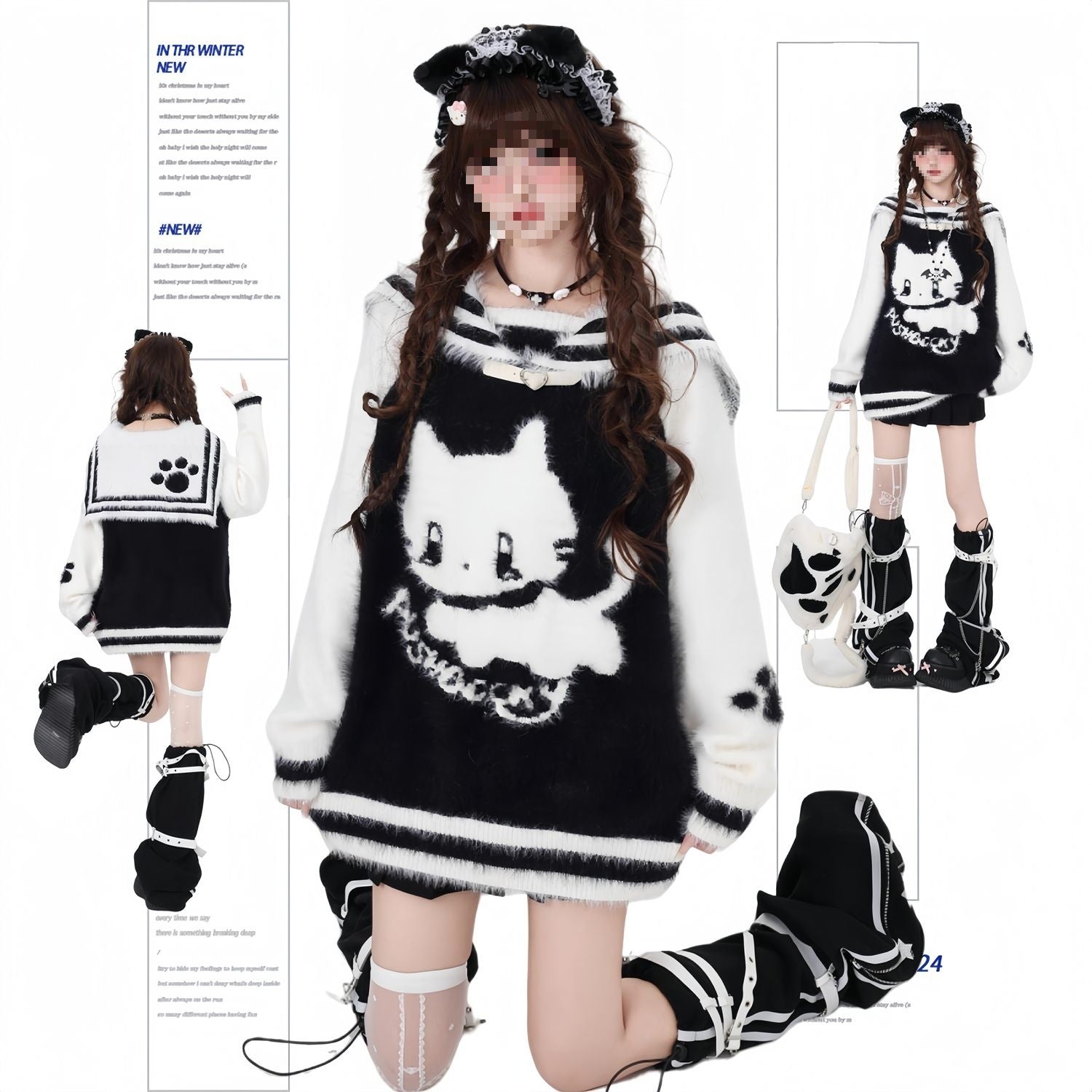 LED Cartoon Imitation Mink Fur Loose Black and White Sweater