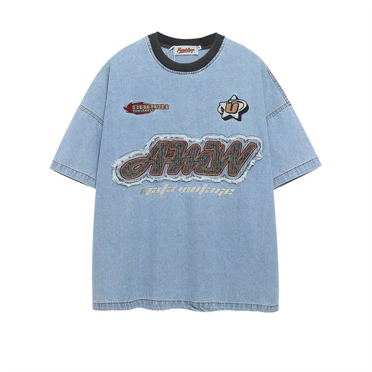 Washed Color Block Letter Patch Embroidery Denim T-Shirt