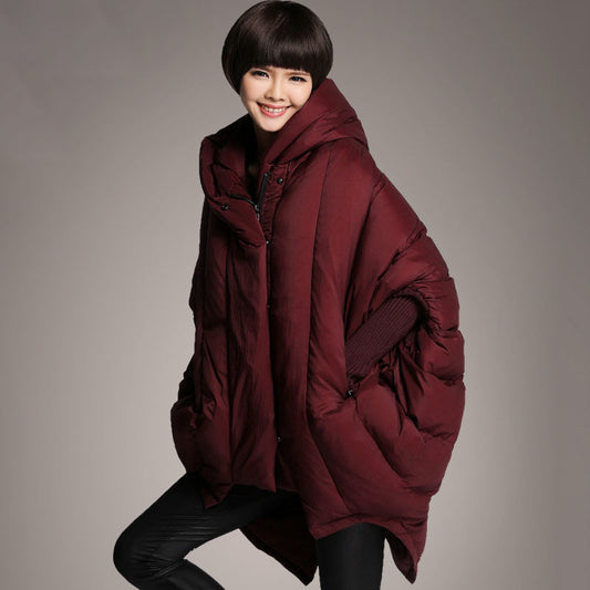 Mid-Length Women’s Duck Down Hooded Cloak Jacket