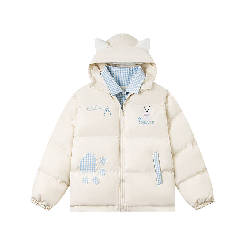 Hooded Cotton Coat Loose Fit with Embroidered Dog Warm Puffer Jacket