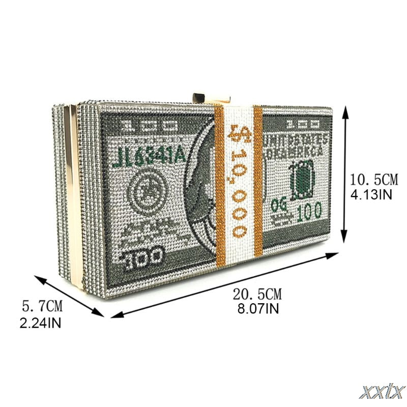 Money Clutch Rhinestone Purse - 10000 Dollars Stack