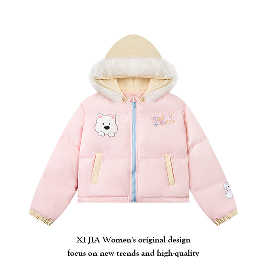 Cartoon Dog Cotton Coat for Women Dopeamine Colorful Puffer Jacket