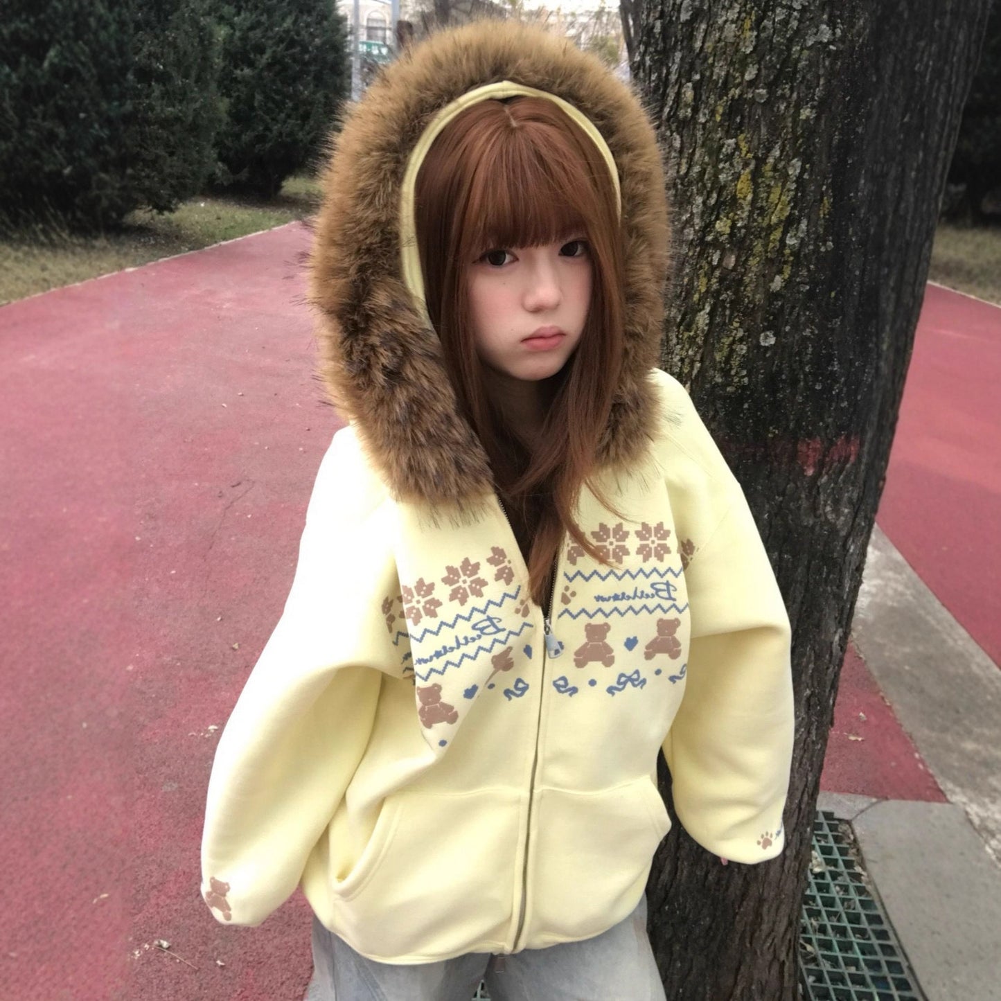 Vintage Fair Isle Faux Fur Collar Bear Hoodie