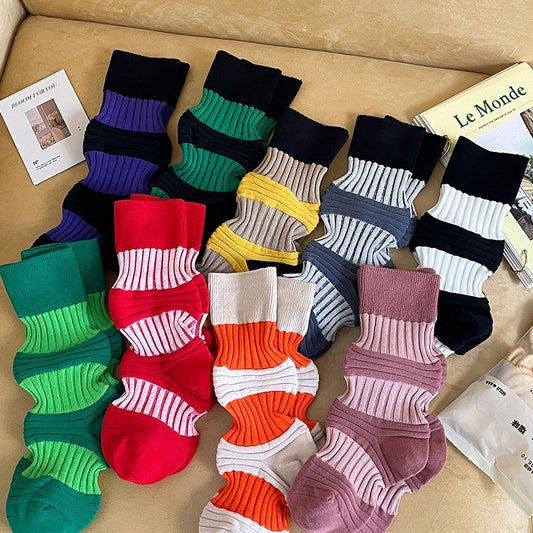 Harajuku Style Pleated Mid-Tube Socks - Contrast Color Cotton