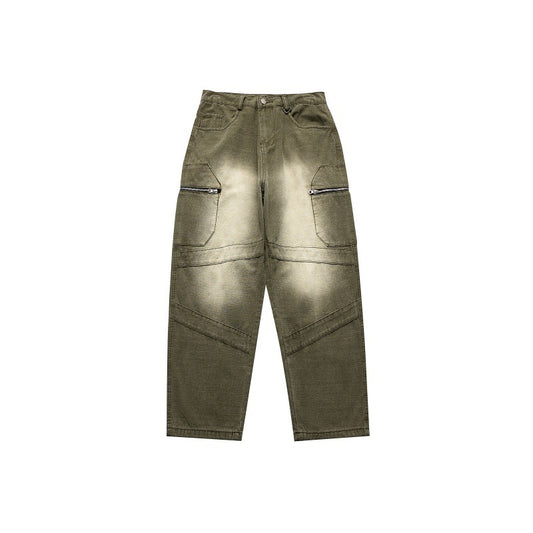 Deconstructing Zipper Large Pocket Denim Wide Leg Pants