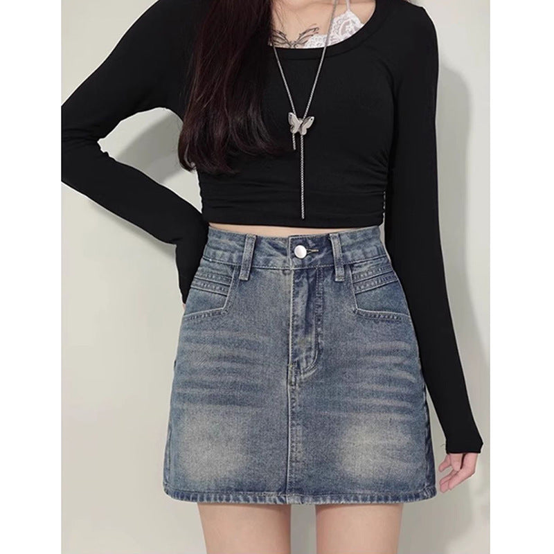 Unique Lazy Style Denim A-Line Skirt for Women, High Waist Slimming and Heightening Short Denim Skirt