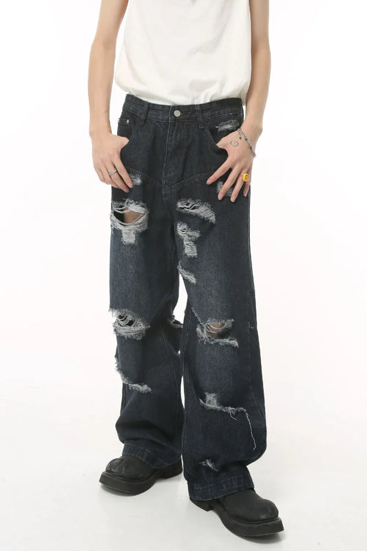 Distressed Wide Leg Pocketed Men's Jeans - Harajuku Style