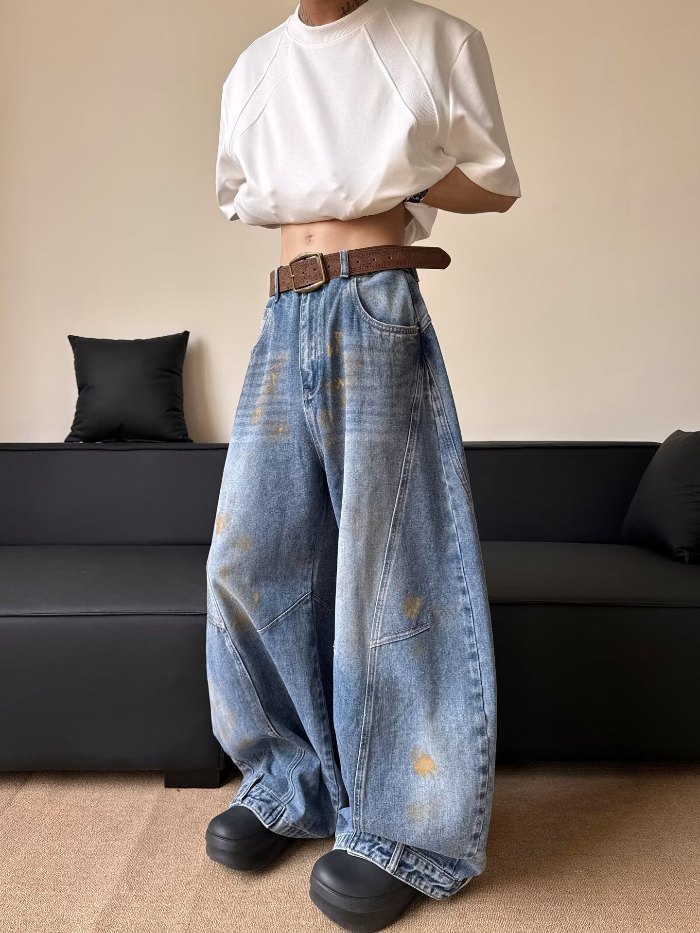 Summer Washed Ink Splashed Wide Leg Pants