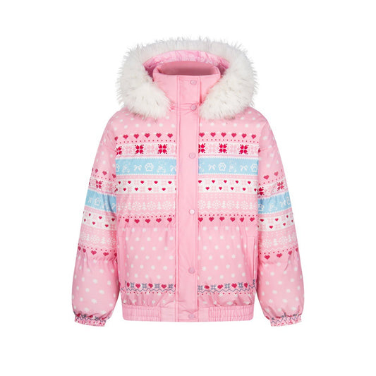 Love Digital Printed Woolen Collar Hooded Cotton Jacket