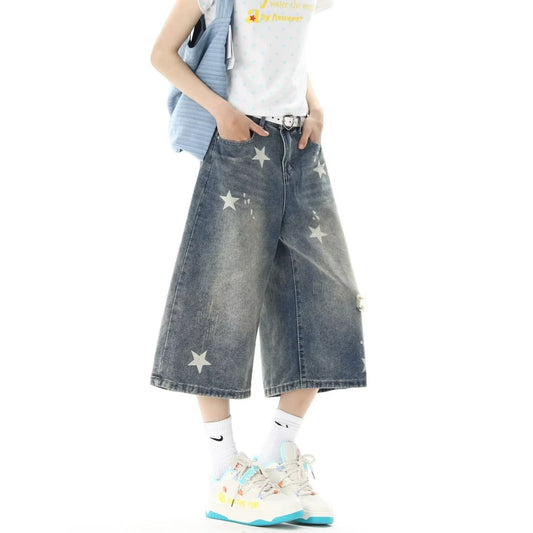 Harajuku Vintage Distressed Star Print Loose 7/8 Length Denim Shorts — Harajuku Street Fashion