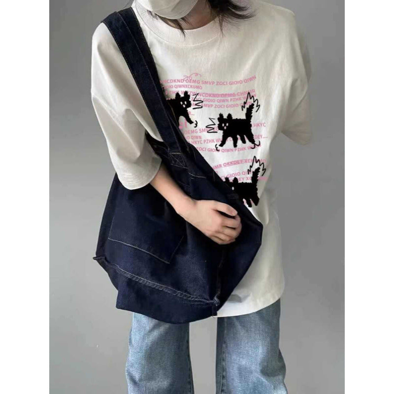Cat Pattern Round Neck T-shirt — Harajuku Street Style Unisex Loose Fit