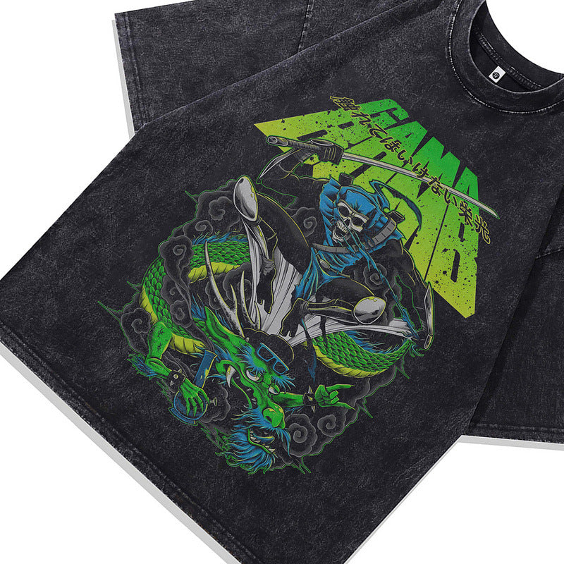 Oversize Distressed Cotton T-Shirt with Skull Design