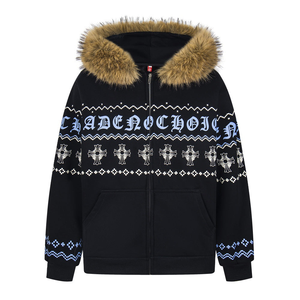 Sanskrit Cross Print Fur Collar Hooded Jacket with Fleece
