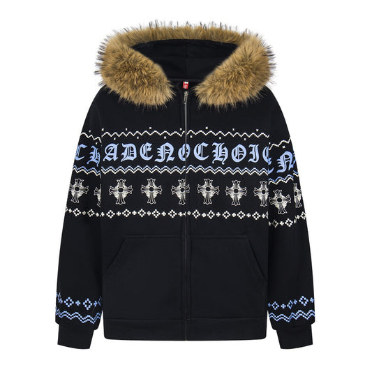 Sanskrit Cross Print Fur Collar Hooded Jacket with Fleece