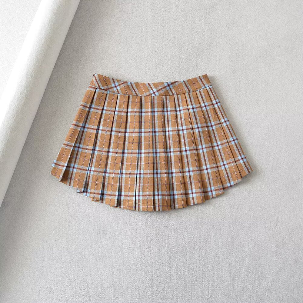 Color-Blocked Plaid Pleated Half-Length Skirt