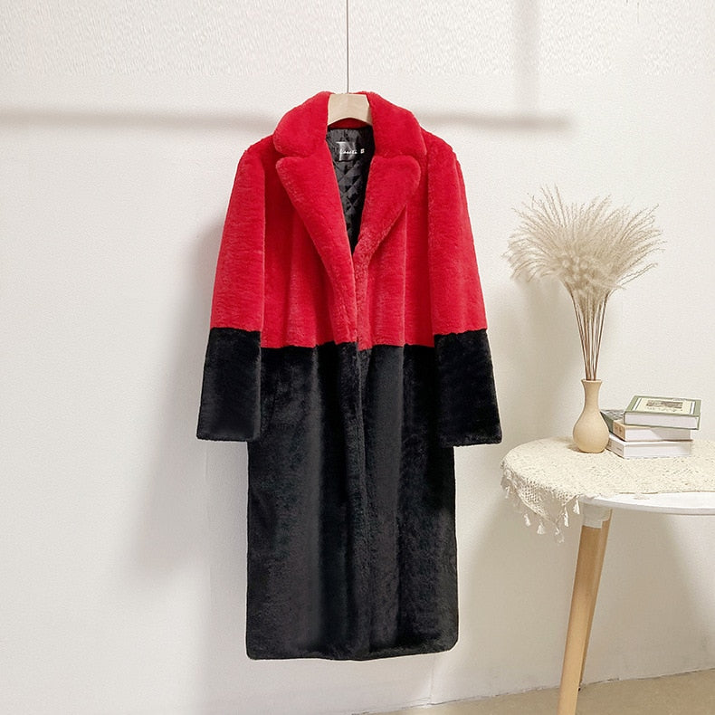 Mid-Length Mink Velvet Faux Fur Coat with Furry Collar